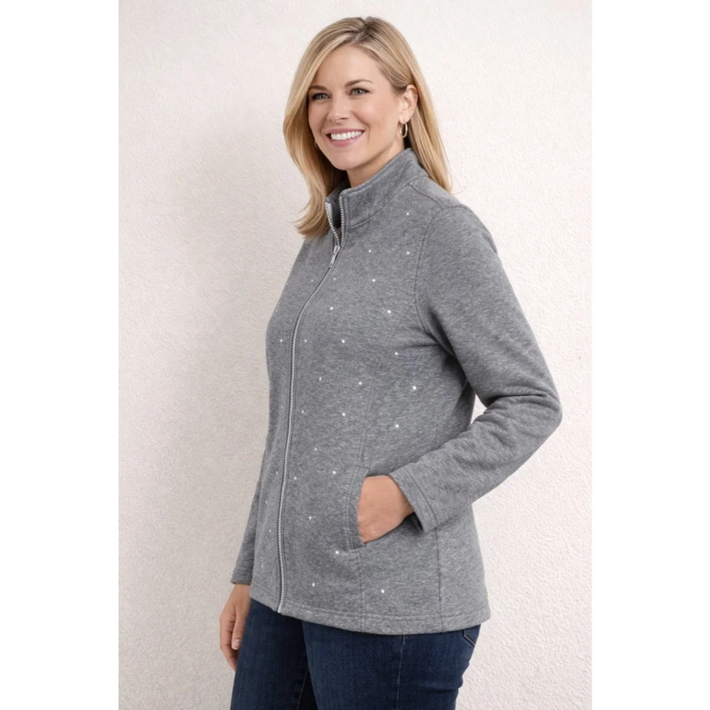 Quacker Factory Gray Rhinestone Zip Jacket Women’s Large Sparkle Sweatshirt - Picture 4 of 8